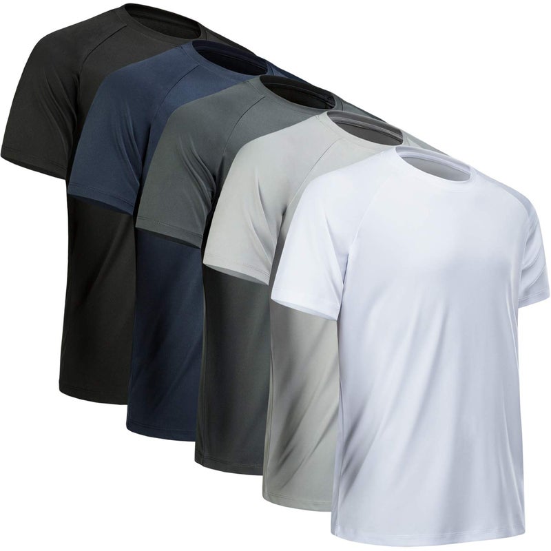 MCPORO Workout Shirts for Men Short Sleeve Quick Dry Athletic Gym Active T Shirt Moisture Wicking 5 Pack Black, Dark Grey, Light Grey, White, Navy Medium - Image 1